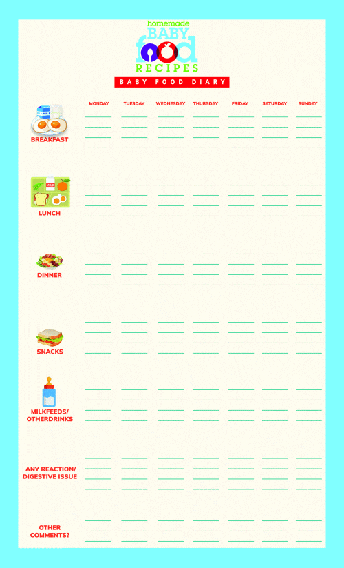 A baby food diary to record new foods introduced to baby
