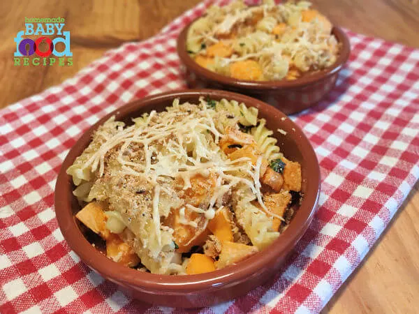 2 dishes of baby's Baked Butternut Squash and Pasta