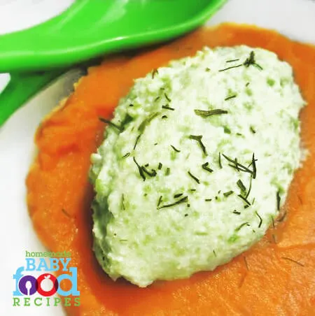 Baby's pea and ricotta puree with sweet potato