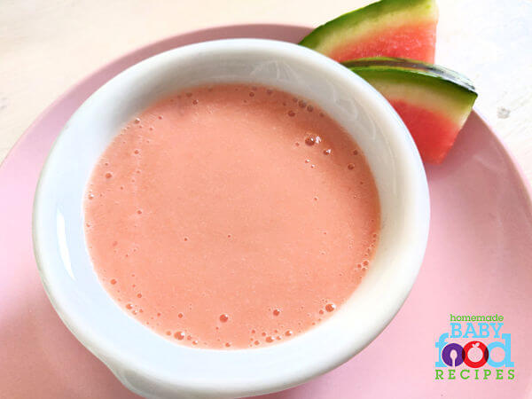 Banana and melon baby food with slices of watermelon