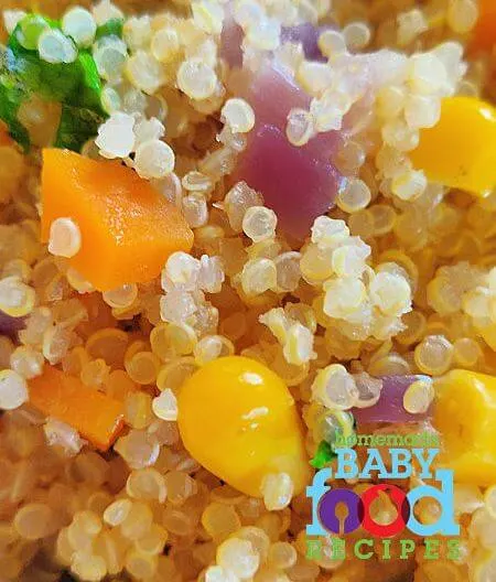 A close up of cooked quinoa and vegetables for babies