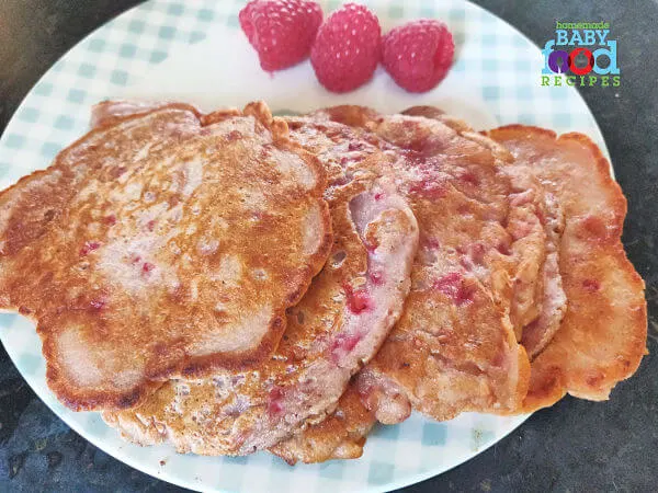 A plate of raspberry pancakes for baby