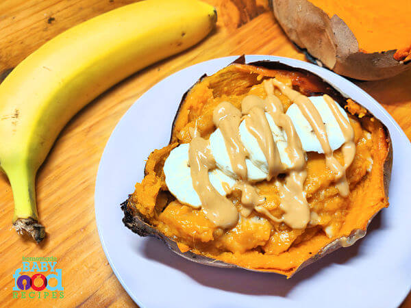 Loaded sweet potato for baby with banana and peanut butter