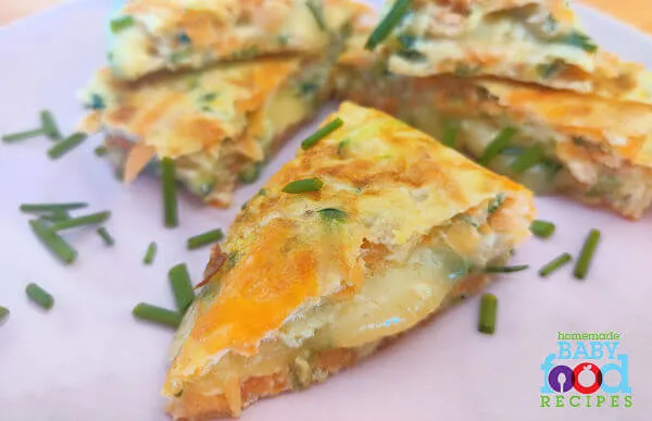 Baby's vegetable omelet cut into wedges