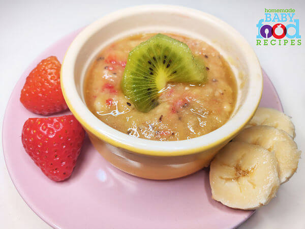 A bowl of kiwi, banana and strawberry puree for baby