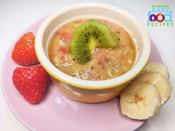A bowl of kiwi, banana and strawberry puree for baby