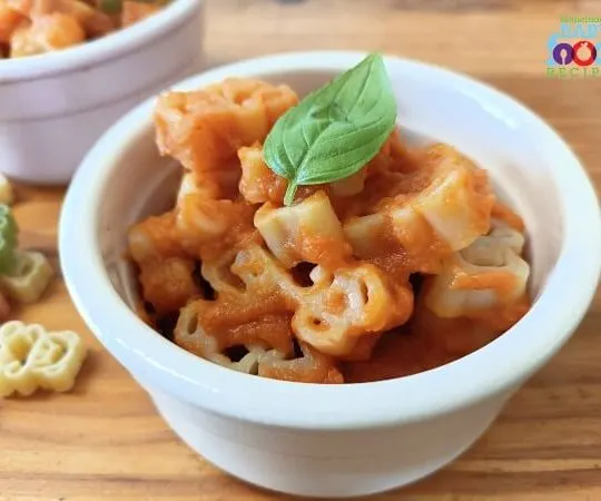A bowl of pasta in vegetable sauce for babies
