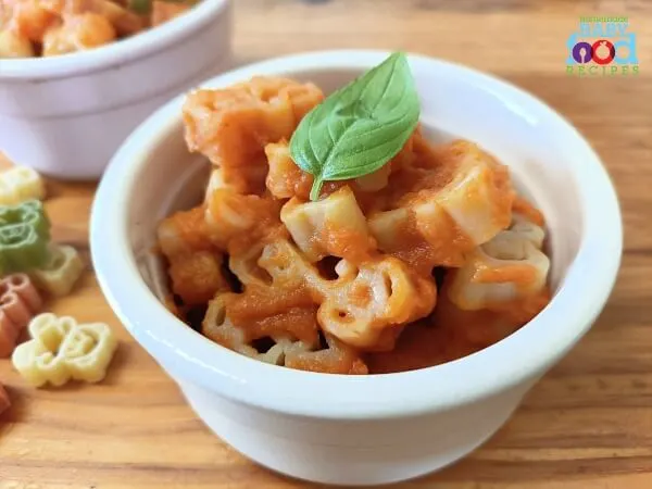 A bowl of pasta in vegetable sauce for babies
