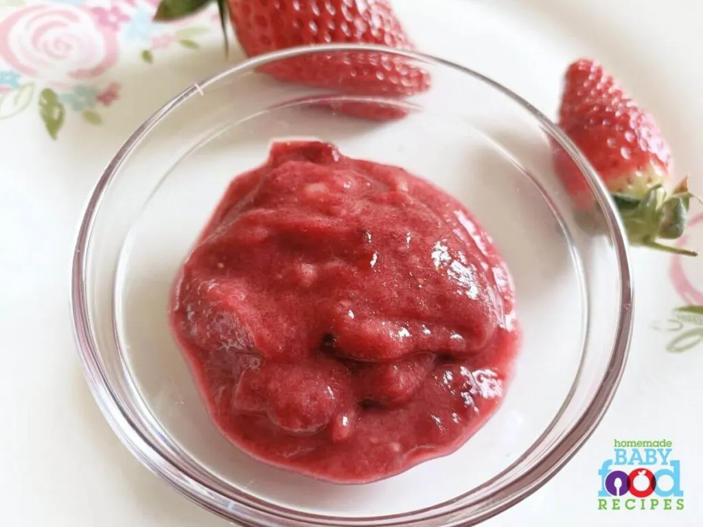 A bowl of strawberry, banana, and beet mash for babies